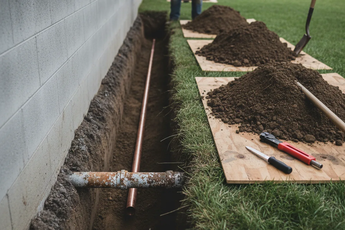 Excavated water line trench during Sewer Line Repair in Lehman